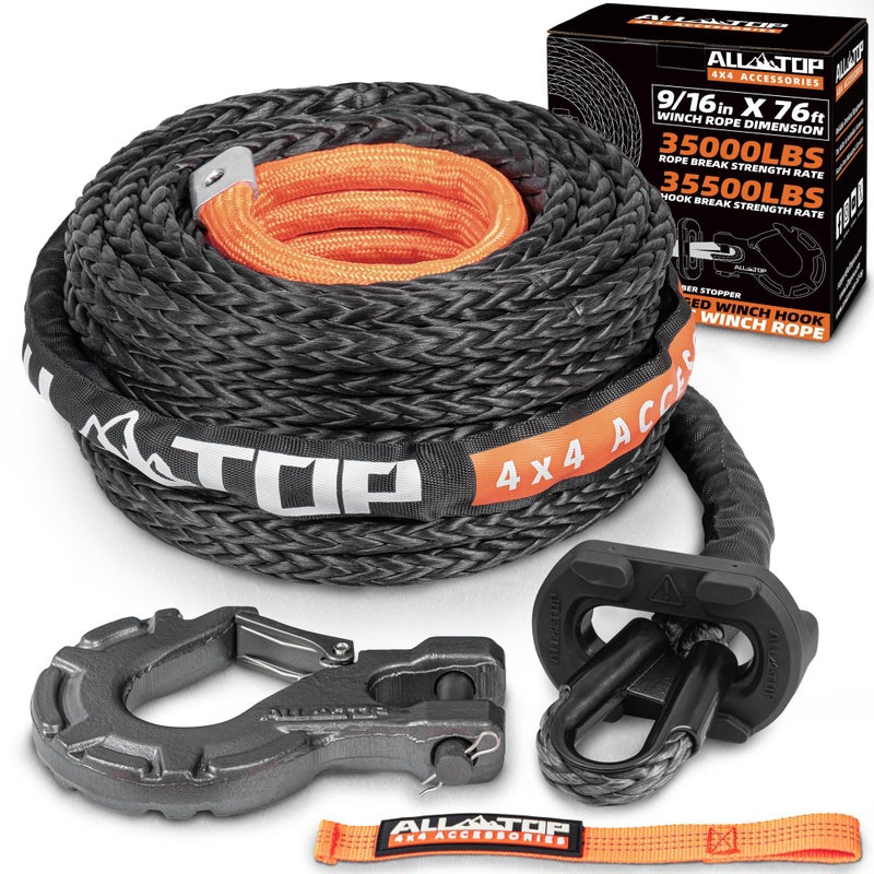 ALL-TOP Synthetic Winch Rope w/Hook & Isolator, 9/16in x 76ft, 35000Lbs UHMWPE Cable Replace Kit, Forged Hook & Rubber Stopper & Safety Pull Strap - Image 1
